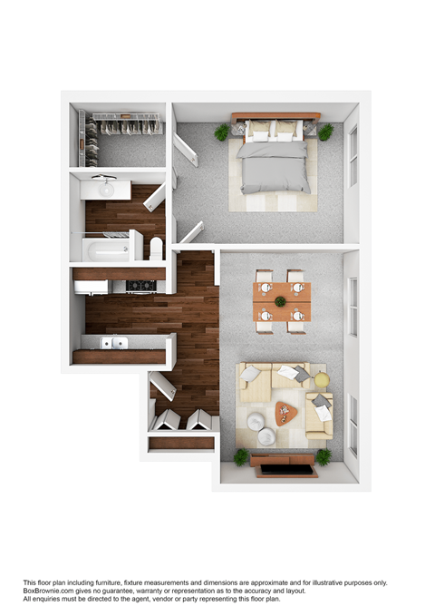 Floor plan for 1 bed, 1 bath, 740 sqft